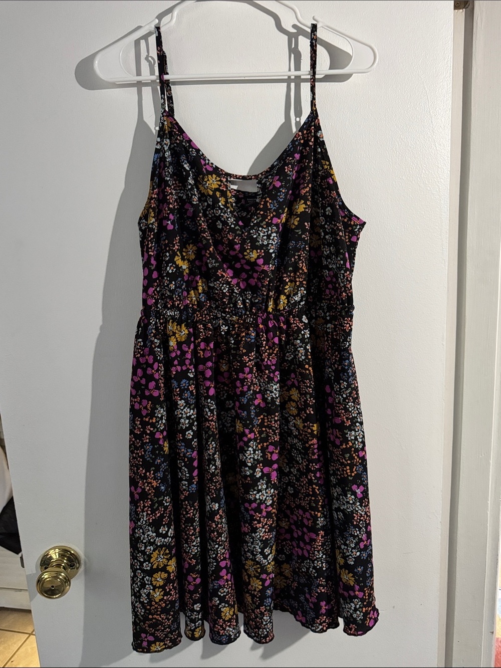 Black Floral Spaghetti Strap Dress with Pink & Mustard Flowers